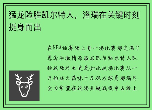 猛龙险胜凯尔特人，洛瑞在关键时刻挺身而出